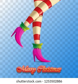 vector creative merry christmas greeting card with cartoon elf girls legs and greeting calligraphic text Merry christmas isolated on transparent background. Vector merry christmas with elf girl