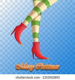 vector creative merry christmas greeting card with cartoon elf girls legs and greeting calligraphic text Merry christmas isolated on transparent background. Vector merry christmas with elf girl