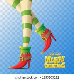 vector creative merry christmas greeting card with cartoon elf girls legs and greeting calligraphic text Merry christmas isolated on transparent background. Vector merry christmas with elf girl