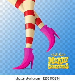 vector creative merry christmas greeting card with cartoon elf girls legs and greeting calligraphic text Merry christmas isolated on transparent background. Vector merry christmas with elf girl