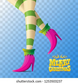 vector creative merry christmas greeting card with cartoon elf girls legs and greeting calligraphic text Merry christmas isolated on transparent background. Vector merry christmas with elf girl