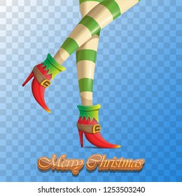 vector creative merry christmas greeting card with cartoon elf girls legs and greeting calligraphic text Merry christmas isolated on transparent background. Vector merry christmas with elf girl