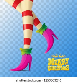 vector creative merry christmas greeting card with cartoon elf girls legs and greeting calligraphic text Merry christmas isolated on transparent background. Vector merry christmas with elf girl