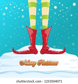 vector creative merry christmas greeting card with cartoon elf's legs, elf shoes and christmas stripped stocking on falling snow in sky. Vector merry christmas kids cartoon background