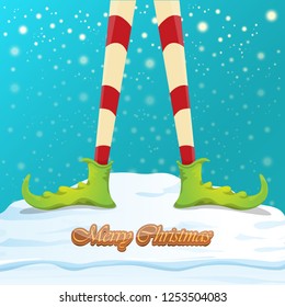 vector creative merry christmas greeting card with cartoon elf's legs, elf shoes and christmas stripped stocking on falling snow in sky. Vector merry christmas kids cartoon background