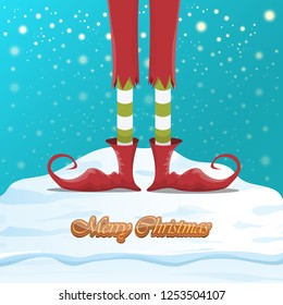 vector creative merry christmas greeting card with cartoon elf's legs, elf shoes and christmas stripped stocking on falling snow in sky. Vector merry christmas kids cartoon background