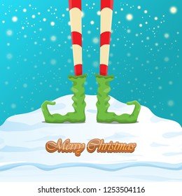 vector creative merry christmas greeting card with cartoon elf's legs, elf shoes and christmas stripped stocking on falling snow in sky. Vector merry christmas kids cartoon background
