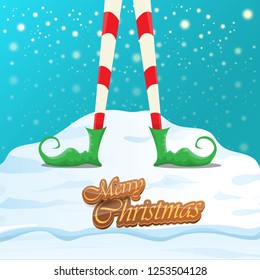 vector creative merry christmas greeting card with cartoon elf's legs, elf shoes and christmas stripped stocking on falling snow in sky. Vector merry christmas kids cartoon background