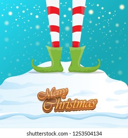 vector creative merry christmas greeting card with cartoon elf's legs, elf shoes and christmas stripped stocking on falling snow in sky. Vector merry christmas kids cartoon background