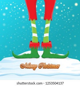 vector creative merry christmas greeting card with cartoon elf's legs, elf shoes and christmas stripped stocking on falling snow in sky. Vector merry christmas kids cartoon background