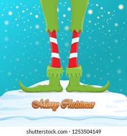 vector creative merry christmas greeting card with cartoon elf's legs, elf shoes and christmas stripped stocking on falling snow in sky. Vector merry christmas kids cartoon background