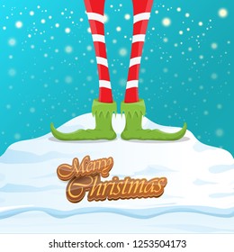 vector creative merry christmas greeting card with cartoon elf's legs, elf shoes and christmas stripped stocking on falling snow in sky. Vector merry christmas kids cartoon background