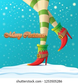 vector creative merry christmas greeting card with cartoon elf hot girls legs, falling snow, lights and greeting calligraphic text Merry christmas. Christmas girl