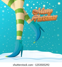 vector creative merry christmas greeting card with cartoon elf hot girls legs, falling snow, lights and greeting calligraphic text Merry christmas. Christmas girl