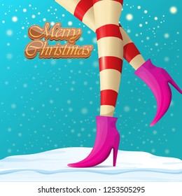 vector creative merry christmas greeting card with cartoon elf hot girls legs, falling snow, lights and greeting calligraphic text Merry christmas. Christmas girl