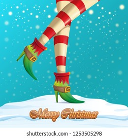 vector creative merry christmas greeting card with cartoon elf hot girls legs, falling snow, lights and greeting calligraphic text Merry christmas. Christmas girl