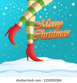 vector creative merry christmas greeting card with cartoon elf hot girls legs, falling snow, lights and greeting calligraphic text Merry christmas. Christmas girl