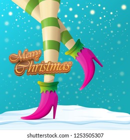 vector creative merry christmas greeting card with cartoon elf hot girls legs, falling snow, lights and greeting calligraphic text Merry christmas. Christmas girl