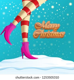 vector creative merry christmas greeting card with cartoon elf hot girls legs, falling snow, lights and greeting calligraphic text Merry christmas. Christmas girl