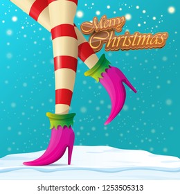 vector creative merry christmas greeting card with cartoon elf hot girls legs, falling snow, lights and greeting calligraphic text Merry christmas. Christmas girl