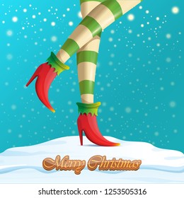 vector creative merry christmas greeting card with cartoon elf hot girls legs, falling snow, lights and greeting calligraphic text Merry christmas. Christmas girl