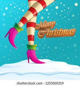 vector creative merry christmas greeting card with cartoon elf hot girls legs, falling snow, lights and greeting calligraphic text Merry christmas. Christmas girl