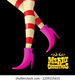 vector creative merry christmas greeting card with cartoon elf hot girls legs, calligraphic text Merry christmas isolated on black background. Christmas girl
