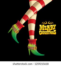 vector creative merry christmas greeting card with cartoon elf hot girls legs, calligraphic text Merry christmas isolated on black background. Christmas girl