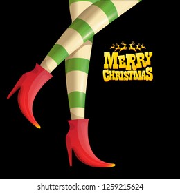 vector creative merry christmas greeting card with cartoon elf hot girls legs, calligraphic text Merry christmas isolated on black background. Christmas girl