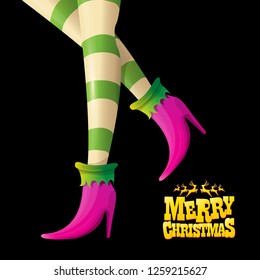 vector creative merry christmas greeting card with cartoon elf hot girls legs, calligraphic text Merry christmas isolated on black background. Christmas girl