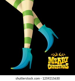 vector creative merry christmas greeting card with cartoon elf hot girls legs, calligraphic text Merry christmas isolated on black background. Christmas girl