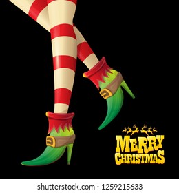 vector creative merry christmas greeting card with cartoon elf hot girls legs, calligraphic text Merry christmas isolated on black background. Christmas girl