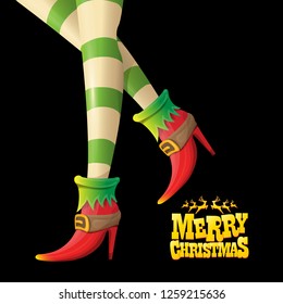 vector creative merry christmas greeting card with cartoon elf hot girls legs, calligraphic text Merry christmas isolated on black background. Christmas girl