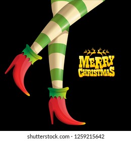 vector creative merry christmas greeting card with cartoon elf hot girls legs, calligraphic text Merry christmas isolated on black background. Christmas girl