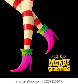 vector creative merry christmas greeting card with cartoon elf hot girls legs, calligraphic text Merry christmas isolated on black background. Christmas girl
