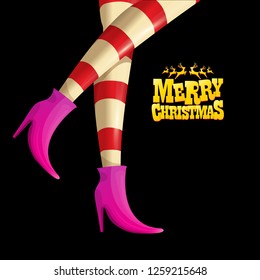 vector creative merry christmas greeting card with cartoon elf hot girls legs, calligraphic text Merry christmas isolated on black background. Christmas girl