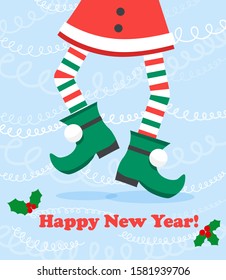 vector creative merry christmas greeting card with cartoon elf's legs, elf shoes and christmas stripped stocking . Vector merry christmas background