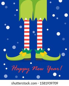 vector creative merry christmas greeting card with cartoon elf's legs, elf shoes and christmas stripped stocking . Vector merry christmas background