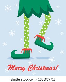 vector creative merry christmas greeting card with cartoon elf's legs, elf shoes and christmas stripped stocking . Vector merry christmas background