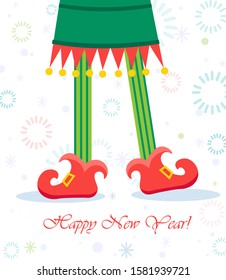 vector creative merry christmas greeting card with cartoon elf's legs, elf shoes and christmas stripped stocking . Vector merry christmas background