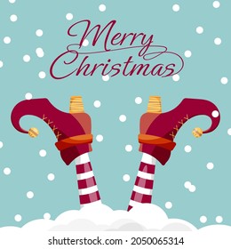 Vector creative merry christmas greeting card with cartoon elf's legs, elf shoes on falling snow in sky. Vector merry christmas background. Merry christmas card on blue background.