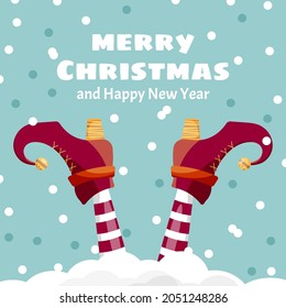 Vector creative merry christmas greeting card with cartoon elf's legs, elf shoes on falling snow in sky. Vector merry christmas background. Merry christmas card on blue background.