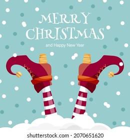 Vector creative merry christmas greeting card with cartoon elf's legs, elf shoes on falling snow in sky. Vector merry christmas background