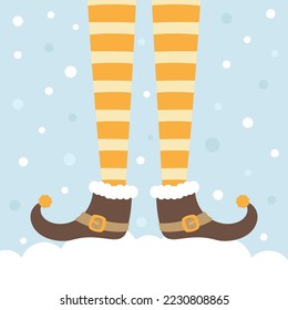 vector creative merry christmas greeting card with cartoon elfs legs, elf shoes on snow, vector merry christmas background