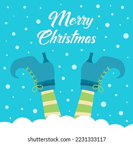vector creative merry christmas greeting card with cartoon elfs legs on snow, vector illustration on blue background