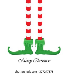 vector creative merry christmas greeting card, christmas cartoon elf's legs on white snow background