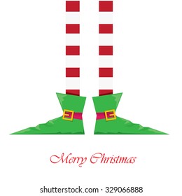 vector creative merry christmas greeting card, christmas cartoon elf's legs on white snow background