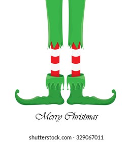 vector creative merry christmas greeting card, christmas cartoon elf's legs on white snow background