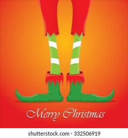 vector creative merry christmas greeting card, christmas cartoon elf's legs on white snow background