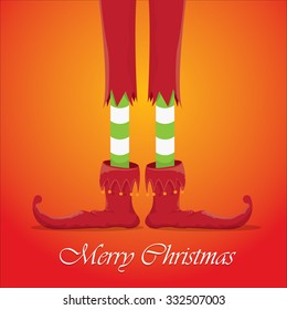 vector creative merry christmas greeting card, christmas cartoon elf's legs on white snow background
